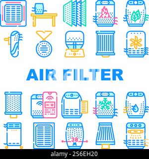 Air Filter Accessory Collection Icons Set Vector. Ventilation, Purifier And Humidifier Air Filter Replacement, Electronic Device Phone Control Concept Linear Pictograms. Contour Color Illustrations. Air Filter Accessory Collection Icons Set Vector Stock Vector