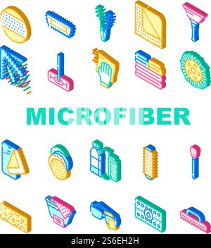 Microfiber For Clean Collection Icons Set Vector. Microfiber With Handle And Mop Head, Brush Cleaning Windows And Towel Roller Isometric Sign Color Illustrations. Microfiber For Clean Collection Icons Set Vector Stock Vector