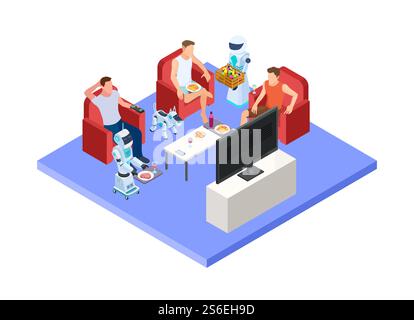 Robotic service staff. Vector people and androids. Isometric servant robots and men resting. Artificial humanoid worker, robotic help people illustration. Robotic service staff. Vector people and androids. Isometric servant robots and men resting Stock Vector
