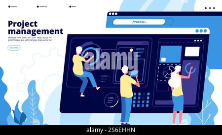 Project management landing. Tiny guys manage charts on dashboard, people projecting software. Teamwork brainstorming vector concept. Project software, teamwork management and development illustration. Project management landing. Tiny guys manage charts on dashboard, people projecting software. Teamwork brainstorming vector concept Stock Vector