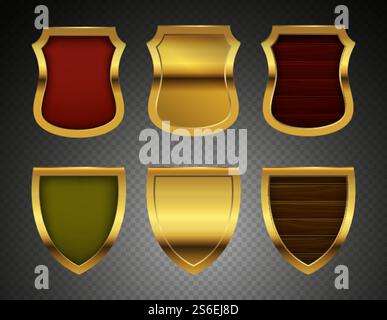 Medieval shields. Realistic vector metal shields with wooden boards isolated on transparent background. Illustration shield collection, medieval protection elements. Medieval shields. Realistic vector metal shields with wooden boards isolated on transparent background Stock Vector