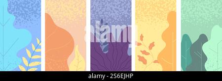 Flat minimal landscape. Smartphone vibrant wallpapers with copy text space and leaves for social media stories vector backgrounds set. Vivid wave dynamic, soft multicolor wavy illustration. Flat minimal landscape. Smartphone vibrant wallpapers with copy text space and leaves for social media stories vector backgrounds set Stock Vector