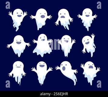 Ghost. Halloween spooky phantom, scary spirits. Mystery dead monsters cartoon vector ghostly characters. Illustration ghost holiday, white ghostly mystery illustration. Ghost. Halloween spooky phantom, scary spirits. Mystery dead monsters cartoon vector ghostly characters Stock Vector