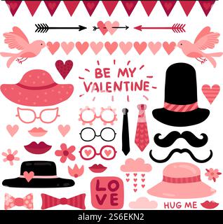 Valentines day photo booth props. Pink love wedding scrapbook elements, lips and mustaches. Glasses, tie and red heart vector selfie quotes. Heart props and pink cute valentine photobooth illustration. Valentines day photo booth props. Pink love wedding scrapbook elements, lips and mustaches. Glasses, tie and red heart vector selfie quotes Stock Vector