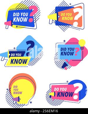 Did you know. Idea labels, sticker with question discussion. Talking facts, speech bubbles icons for marketing or sales. Vector labels set. Ask message bubble, badge promotion question illustration. Did you know. Idea labels, sticker with question discussion. Talking facts, speech bubbles icons for marketing or sales. Vector labels set Stock Vector