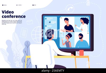 Video conference landing. People on computer screen taking with colleague. Videoconferencing and online meeting workspace vector page. Video conference online, business people illustration. Video conference landing. People on computer screen taking with colleague. Videoconferencing and online meeting workspace vector page Stock Vector