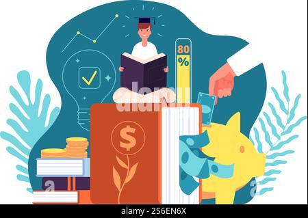 Investments in knowledge. Invest in education e-learning, student loans. Financing of creative projects, web page presentation, vector concept. Illustration education school investment. Investments in knowledge. Invest in education e-learning, student loans. Financing of creative projects, web page presentation, vector concept Stock Vector
