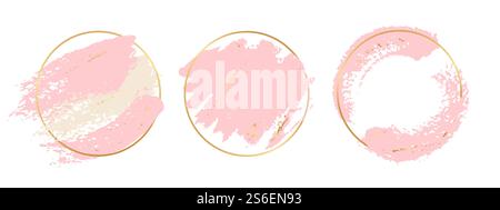 Gold pink background. Circle gold frames with pastel pink brushes elements. Vector brush strokes banners template. Illustration stroke pastel, splash brush watercolor. Gold pink background. Circle gold frames with pastel pink brushes elements. Vector brush strokes banners template Stock Vector