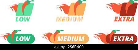 Hot pepper labels. Pepperiness low, medium and extra levels. Hot chilli peppers restaurant menu symbols vector set. Spice level taste, mexican level spicy illustration. Hot pepper labels. Pepperiness low, medium and extra levels. Hot chilli peppers restaurant menu symbols vector set Stock Vector