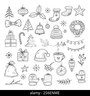 Winter holiday doodle set. Sketch christmas gift boxes, santa hats, and fir-trees, xmas garland. Vector isolated collection xmas holiday doodle, gift christmas illustration. Winter holiday doodle set. Sketch christmas gift boxes, santa hats, and fir-trees, xmas garland. Vector isolated collection Stock Vector
