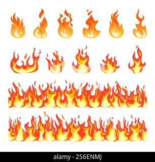 Fire flame. Burning firex seamless border, cartoon style blazing campfire. Fiery effect and different flat blazes. Flaming vector symbols. Fire flame danger blaze fiery, flaming bonfire illustration. Fire flame. Burning firex seamless border, cartoon style blazing campfire. Fiery effect and different flat blazes. Flaming vector symbols Stock Vector