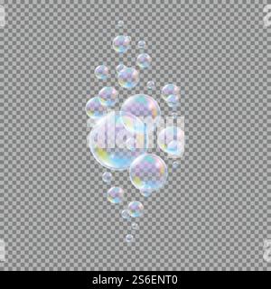 Soap bubbles. Realistic 3d water soapy balls isolated on transparent background. Abstract magic bubbly liquid vector illustration. Shampoo foam 3d rounded ball multicolor closeup. Soap bubbles. Realistic 3d water soapy balls isolated on transparent background. Abstract magic bubbly liquid vector illustration Stock Vector