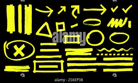 Highlighter marks. Hand drawn yellow highlight marker signs. Vector highlighter strokes arrows rounds isolated on black background. Handwritten highlighter and scribble underline illustration. Highlighter marks. Hand drawn yellow highlight marker signs. Vector highlighter strokes arrows rounds isolated on black background Stock Vector