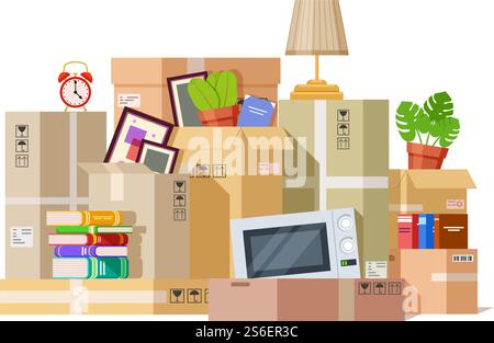 Moving boxes. Carton box packing family stuff. Cardboard parcels relocation, cargo package to new house. We are moved vector illustration. Package cardboard, pack for relocation, carton cargo. Moving boxes. Carton box packing family stuff. Cardboard parcels relocation, cargo package to new house. We are moved vector illustration Stock Vector