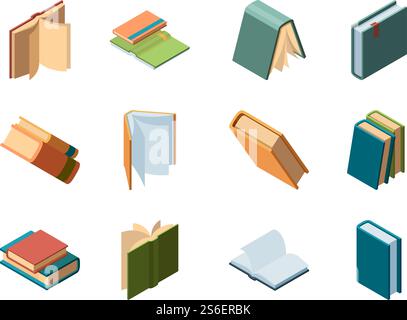 Books isometric. Library symbols school items opened and closed diary magazines and books vector collection. Book and diary isometric, literature publication illustration. Books isometric. Library symbols school items opened and closed diary magazines and books vector collection Stock Vector