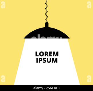Hanging lamp. Chandelier black silhouette with ray on yellow background. Creative idea and invention vector concept with light bulb. Illustration electricity lamp yellow, banner illumination idea. Hanging lamp. Chandelier black silhouette with ray on yellow background. Creative idea and invention vector concept with light bulb Stock Vector