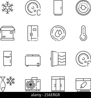 Fridges icon. Freezer commercial cold compact home refrigerator opened closed vector symbols. Illustration freezer cold, fridge equipment, refrigerator for kitchen. Fridges icon. Freezer commercial cold compact home refrigerator opened closed vector symbols Stock Vector
