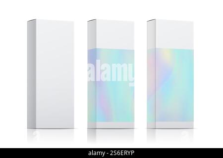 Packaging template vector set with holographic effect. Realistic box packing isolated on white background. Illustration box block gradient, package template with hologram. Packaging template vector set with holographic effect. Realistic box packing isolated on white background Stock Vector