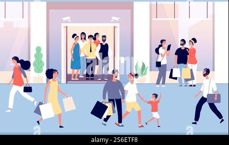 People recognition in crowd. Guys are recognized by modern face identification software, cctv camera in hall elevator. Vector concept. Illustration identification face technology, recognize people. People recognition in crowd. Guys are recognized by modern face identification software, cctv camera in hall elevator. Vector concept Stock Vector