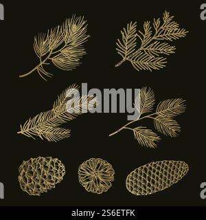 Gold fir branches and cones doodle vector set. Illustration pine cone and tree christmas twig. Gold fir branches and cones doodle vector set Stock Vector