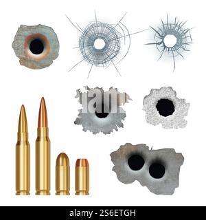 Bullets realistic. Damaged cracked gun holes surfaces and bullets different caliber armor rifles vector collection. Illustration damage from gun weapon, crack of bullet. Bullets realistic. Damaged cracked gun holes surfaces and bullets different caliber armor rifles vector collection Stock Vector