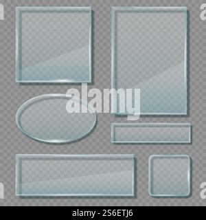 Glass panels. Acrylic transparent reflective frames geometrical empty shapes vector banners template. Acrylic plate reflection glass, blank glossy shape transparent illustration. Glass panels. Acrylic transparent reflective frames geometrical empty shapes vector banners template Stock Vector