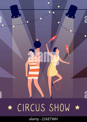 Circus show background. Strongman and juggler in spotlights on stage retro poster. Vintage kids birthday party vector flyer. Illustration show with circus artists poster. Circus show background. Strongman and juggler in spotlights on stage retro poster. Vintage kids birthday party vector flyer Stock Vector