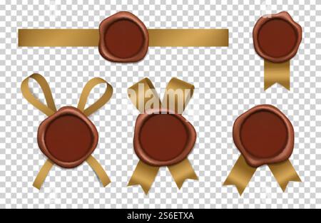 Wax stamp and gold ribbons. Sealed brown rubber postal stamps with tapes vector realistic 3d pictures. Illustration seal stamp to certificate, ribbon and wax insignia. Wax stamp and gold ribbons. Sealed brown rubber postal stamps with tapes vector realistic 3d pictures Stock Vector