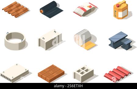 Construction icon. Material for industrial builders wood bricks pile tubes sand bitumen slab roof vector isometric. Illustration steel construction roof, concrete material, sand and brick. Construction icon. Material for industrial builders wood bricks pile tubes sand bitumen slab roof vector isometric Stock Vector