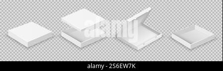 White boxes. Open packaging set. Vector realistic boxes with lids isolated on transparent background. Illustration box open, white package cardboard for pizza. White boxes. Open packaging set. Vector realistic boxes with lids isolated on transparent background Stock Vector