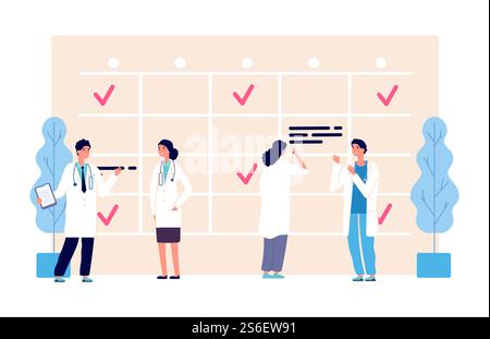 Medical schedule. Doctors work schedule vector illustration. Clinic team, agenda, hospital staff characters. Medical doctor appointment, medicine schedule service. Medical schedule. Doctors work schedule vector illustration. Clinic team, agenda, hospital staff characters Stock Vector