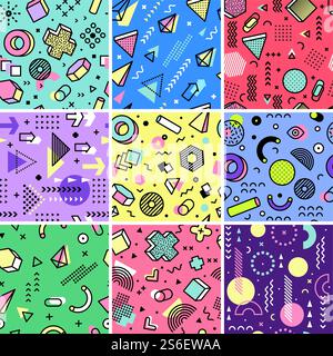 Memphis pattern. Geometrical designs abstract grunge geometrical shapes fashion 90s seamless backgrounds collection. Illustration memphis 90s trendy, seamless geometric pattern. Memphis pattern. Geometrical designs abstract grunge geometrical shapes fashion 90s seamless backgrounds collection Stock Vector
