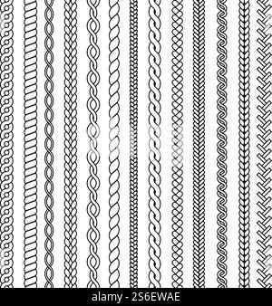 Plaits and braids. Waves knitted drawing ornamental structures textile vector seamless collection. Pattern braid and thread, string plait illustration. Plaits and braids. Waves knitted drawing ornamental structures textile vector seamless collection Stock Vector