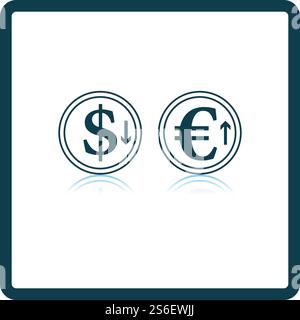 Falling Dollar And Growth Up Euro Coins Icon. Square Shadow Reflection Design. Vector Illustration. Stock Vector