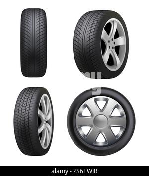 Tyres realistic. Automobile wheeling vector tyres for cars pictures isolated. Illustration tyre automobile, wheel auto rubber, car vehicle transportation. Tyres realistic. Automobile wheeling vector tyres for cars pictures isolated Stock Vector