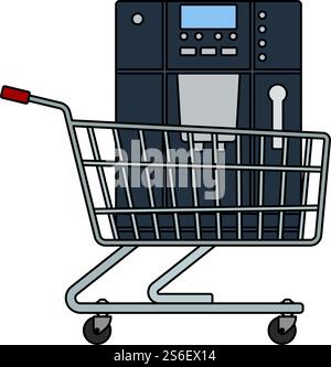 Shopping Cart With Cofee Machine Icon. Editable Outline With Color Fill Design. Vector Illustration. Stock Vector