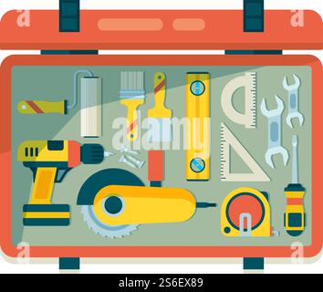 Instrument toolbox. Repair equipment for workers carpenter items with saw hammer roulette vector construction tools. Toolbox with tools and equipment, instrument for construction repair illustration. Instrument toolbox. Repair equipment for workers carpenter items with saw hammer roulette vector construction tools Stock Vector