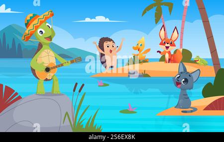 Turtles background. Nature wild animal singing playing vector cartoon turtle background illustration. Tortoise posing play guitar, colored picture for kids book. Turtles background. Nature wild animal singing playing vector cartoon turtle background illustration Stock Vector