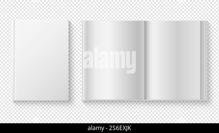 Closed and opened book. White cover template, library reading. Realistic white paper sheets diary or planner vector mockup. Cover textbook, brochure paperback book illustration. Closed and opened book. White cover template, library reading. Realistic white paper sheets diary or planner vector mockup Stock Vector