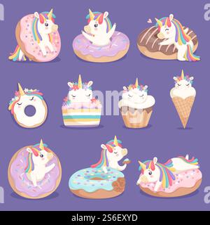 Unicorn donuts. Cute face and characters of magic rose little pony unicorn with cakes donuts ice cream vector dessert pictures. Unicorn with sweet cream, little cake and imaginative pony illustration. Unicorn donuts. Cute face and characters of magic rose little pony unicorn with cakes donuts ice cream vector dessert pictures Stock Vector