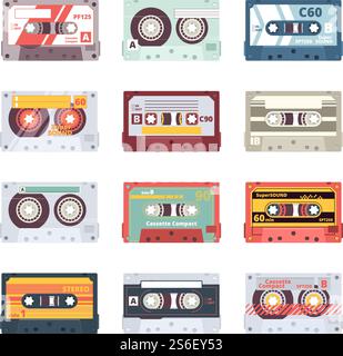 Music cassettes. Electronics audio player mixtape 80s technologies stereo record radio vector flat pictures. Illustration cassette multimedia, equipment old media. Music cassettes. Electronics audio player mixtape 80s technologies stereo record radio vector flat pictures Stock Vector