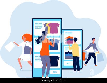 Online shopping. People buying products in web store e commerce smartphone paying vector concept. Illustration shopping with smartphone, consumerism mobile. Online shopping. People buying products in web store e commerce smartphone paying vector concept Stock Vector