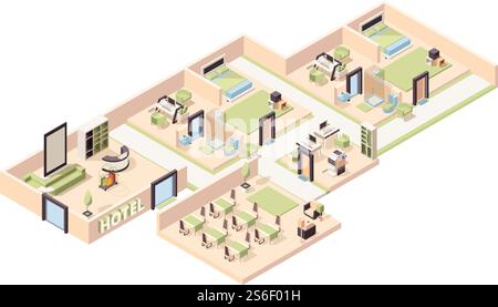 Hotel interior. Modern luxury hotel rooms lounge zone pool comfortable restaurant bathroom parking vector isometric. Interior hotel cross-section, apartment and lounge illustration. Hotel interior. Modern luxury hotel rooms lounge zone pool comfortable restaurant bathroom parking vector isometric Stock Vector
