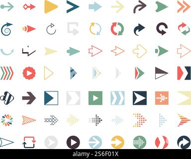 Colored arrows. Computer web next forms direction arrows buttons signpost vector icons. Illustration arrow next and signpost, directional right button, pointer icon. Colored arrows. Computer web next forms direction arrows buttons signpost vector icons Stock Vector