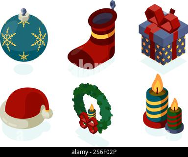 New year icons. Xmas accessories gifts tree lantern snow globe noel santa vector isometric set. Isometric christmas present and new year candle and toy illustration. New year icons. Xmas accessories gifts tree lantern snow globe noel santa vector isometric set Stock Vector