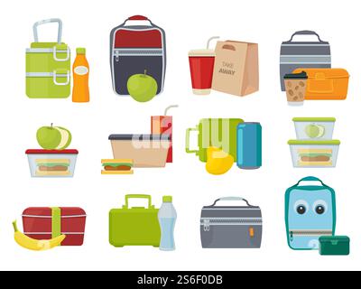 Lunch box. Fruits and vegetables for kids dinner lunch drinks and foods banana juice sandwich product packages vector. Illustration rucksack with lunch, sandwich and drink. Lunch box. Fruits and vegetables for kids dinner lunch drinks and foods banana juice sandwich product packages vector Stock Vector