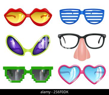 Party glasses. Masquerade realistic funny mask colored party fashion colored symbols vector set. Funny glasses and sunglasses to celebration illustration. Party glasses. Masquerade realistic funny mask colored party fashion colored symbols vector set Stock Vector