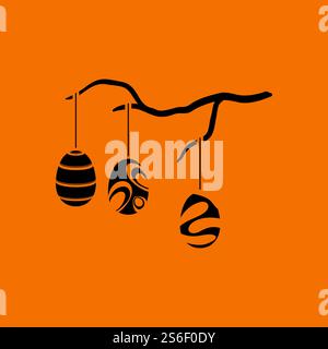 Easter Eggs Hanged On Tree Branch Icon. Black on Orange Background. Vector Illustration. Stock Vector
