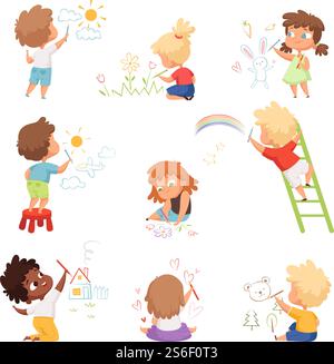 Kids artists. Childrens playing and drawing painting with colored crayons on paper vector funny cute characters. Illustration drawing cartoon, playing children. Kids artists. Childrens playing and drawing painting with colored crayons on paper vector funny cute characters Stock Vector