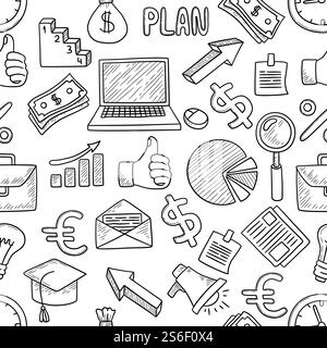 Business pattern. Office items innovation technology tools computer work ideas bulbs notes laptop managers vector seamless background. Illustration seamless pattern, business laptop sketch. Business pattern. Office items innovation technology tools computer work ideas bulbs notes laptop managers vector seamless background Stock Vector